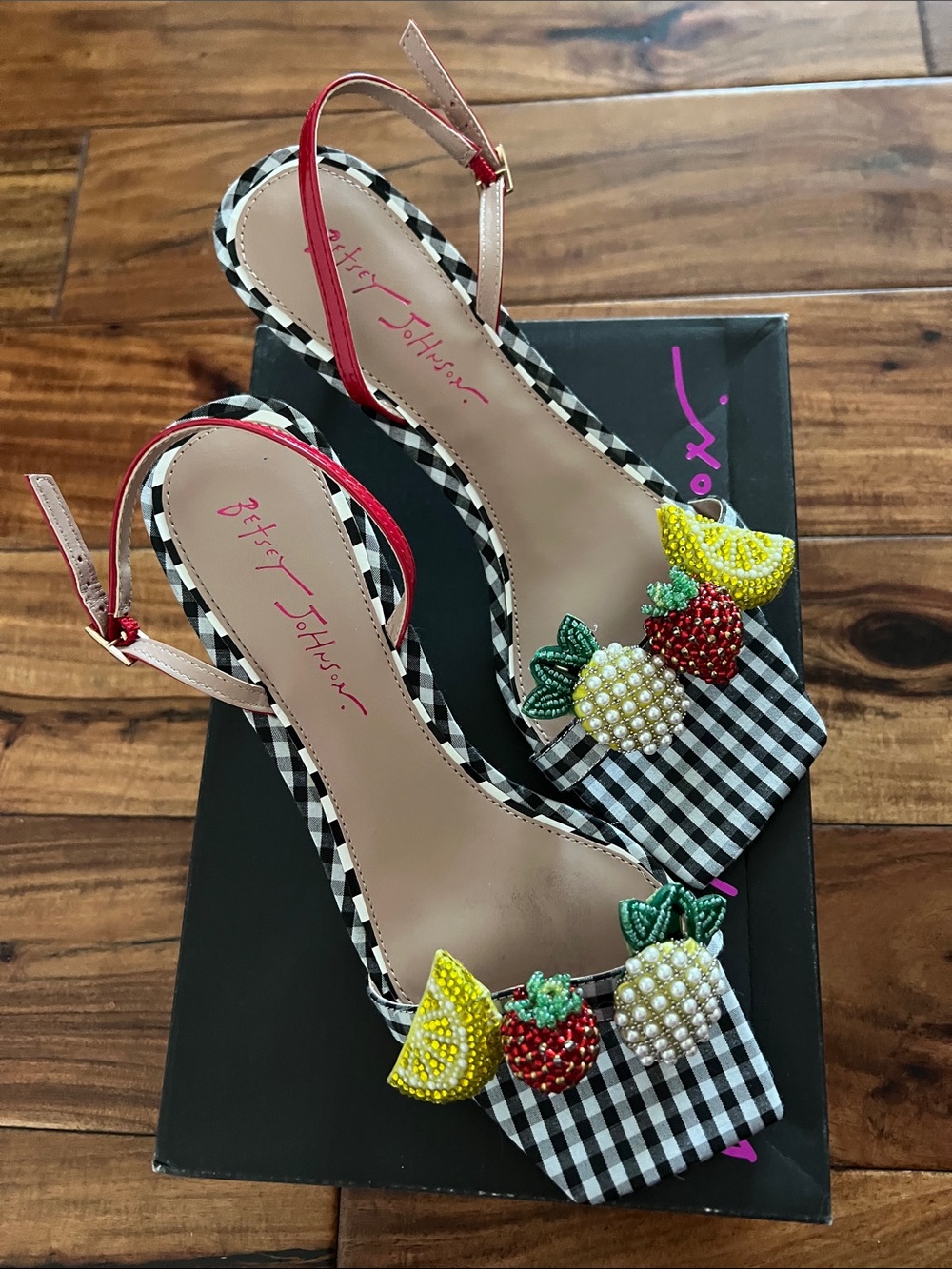 Betsey Johnson Black Gingham Fruit-Embellished Slingback Sandals